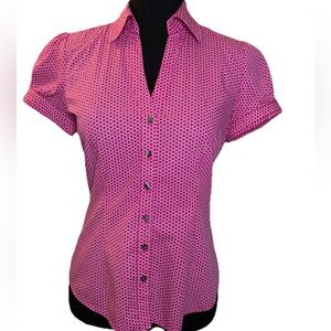 Express Design Studio Women's Pink Multicolor Button Short Sleeve Blouse, Small